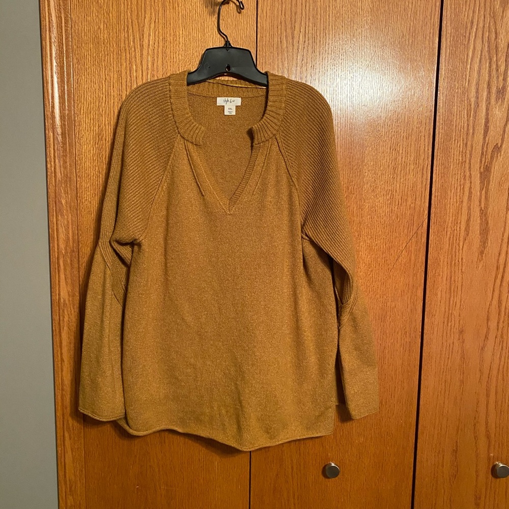 V neck, bell sleeved sweater